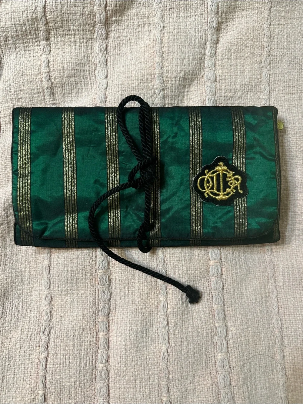 Vintage Christian Dior green and Gold Striped Satin Jewelry travel pouch.